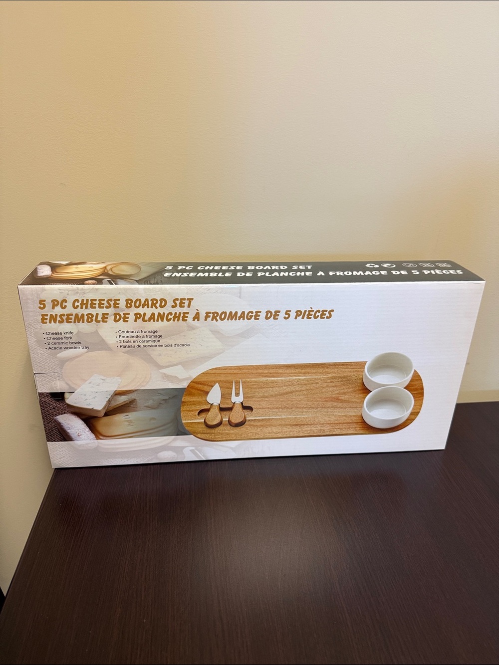 5-Piece Cheese Serving Set with White Ceramic Bowls and Natural Wood Board